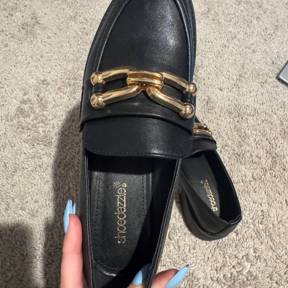 Shoe Dazzle Black Loafers with Gold Chain Detail